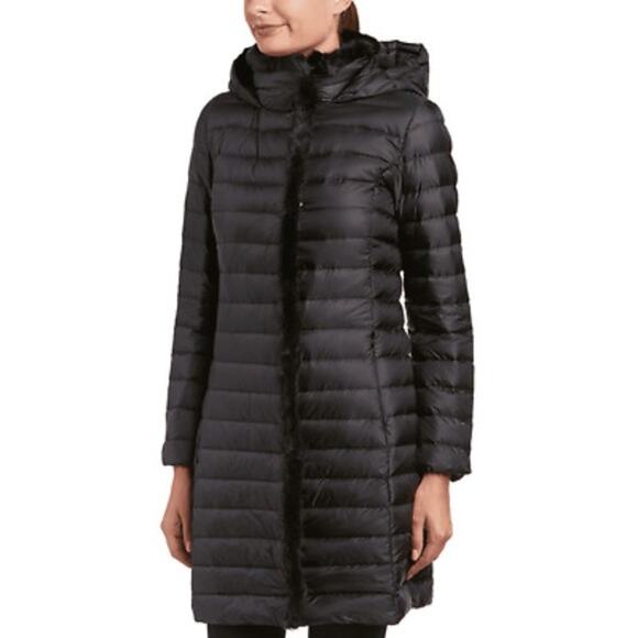 NWT Cole Haan Signature Faux Fur Trim Down Puffer Hooded Jacket Women Sz S Black - Picture 1 of 8